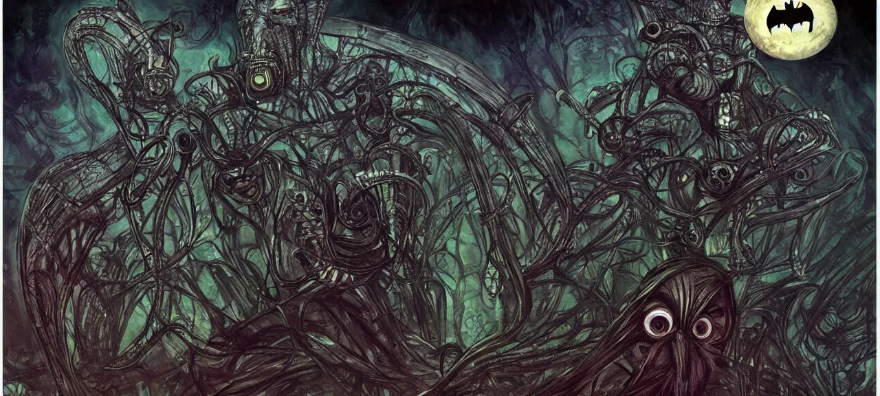 Prompt: infinite batman amalgamation chernoborg lovecraftian In the art style of Victor Nizovtsev and H. R. Giger