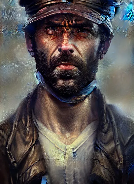 Image similar to portrait of a rugged man wearing a sailors cap, victorian, concept art, detailed face, fantasy, close up face, highly detailed, cinematic lighting, digital art painting by greg rutkowski