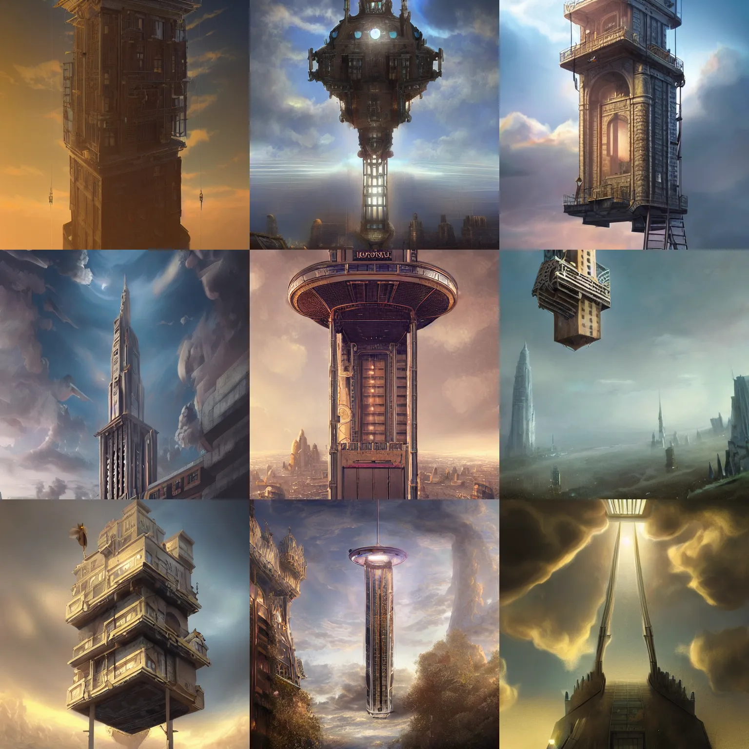 Prompt: Matte painting of an elevator floating in the sky. Fantastical, elaborate, dynamic light, detailed digital art trending in artstation