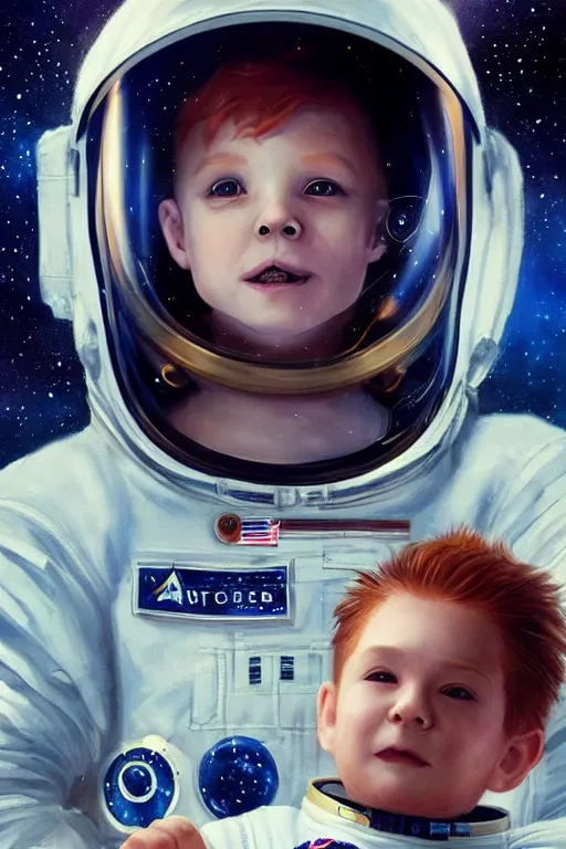 Image similar to a little boy with a cherubic michievous face and ginger hair floating in space, surrounded by stars. he is an astronaut, wearing a space suit. clean elegant painting, beautiful detailed face. by raymond swanland and artgerm and greg rutkowski