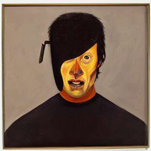 Prompt: an album cover of a man with a knife in his head, neutral expression, oil on canvas