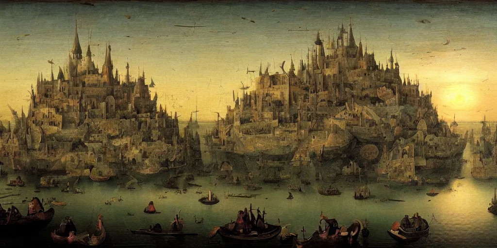 Prompt: floating islands at dusk megastructure in the style of heironymus bosch, intricate masterpiece, hyper detailed, hd