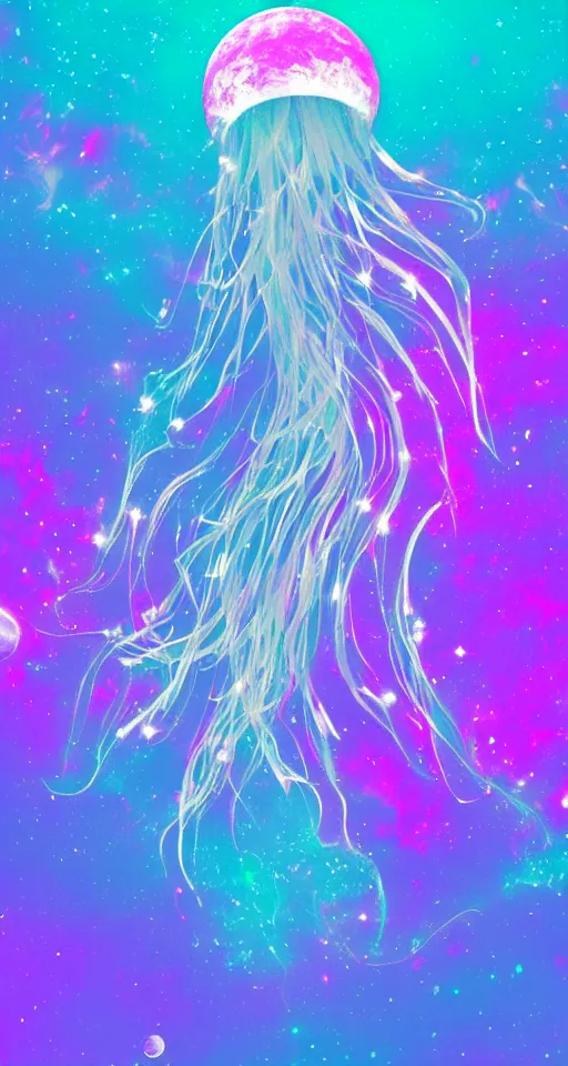 Image similar to the moon turning into a majestic jellyfish made out of the cosmos, drifting through a vaporwave ocean, vaporwave style, iphone wallpaper, digital art