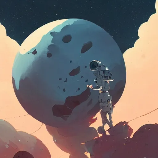 Image similar to an artificial planet orbiting a dying star by atey ghailan, by greg rutkowski, by greg tocchini, by james gilleard, by joe fenton, by kaethe butcher, dynamic lighting, gradient light blue, brown, blonde cream and white color scheme, grunge aesthetic