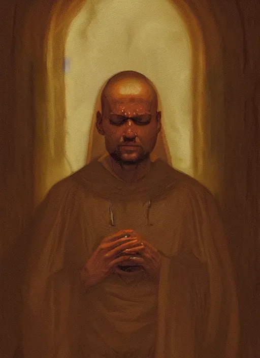 Image similar to oil painting portrait of a weeping sobbing tonsured dominican monk in a brown habit, kneeling in a dark empty chapel, hazy, digital art, artstation, cinematic, moonlight, digital art painting by greg rutkowski, cozy atmosphere, cinematic lighting