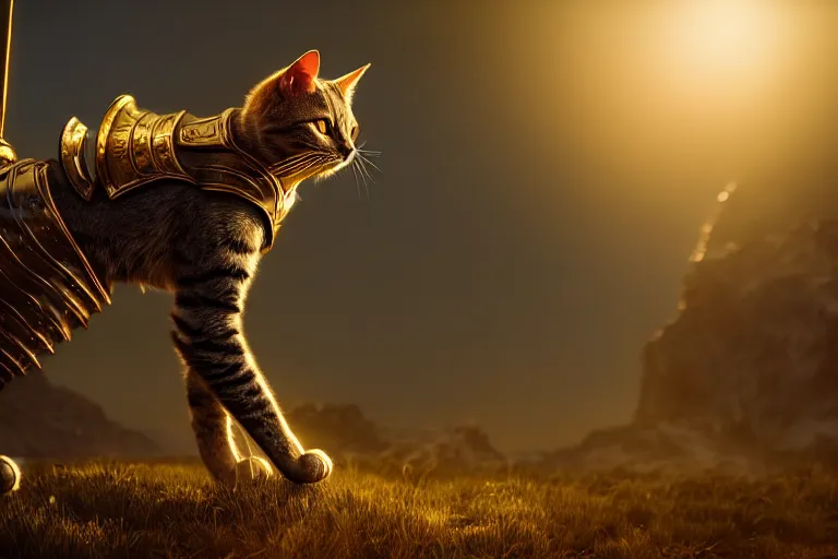 Image similar to cool looking anthrophomorphic cat in armor, sheathed weapon, fantasy, unreal engine, realistic, golden hour, professional photography, mild depth of field, cinematic lighting, 8 k