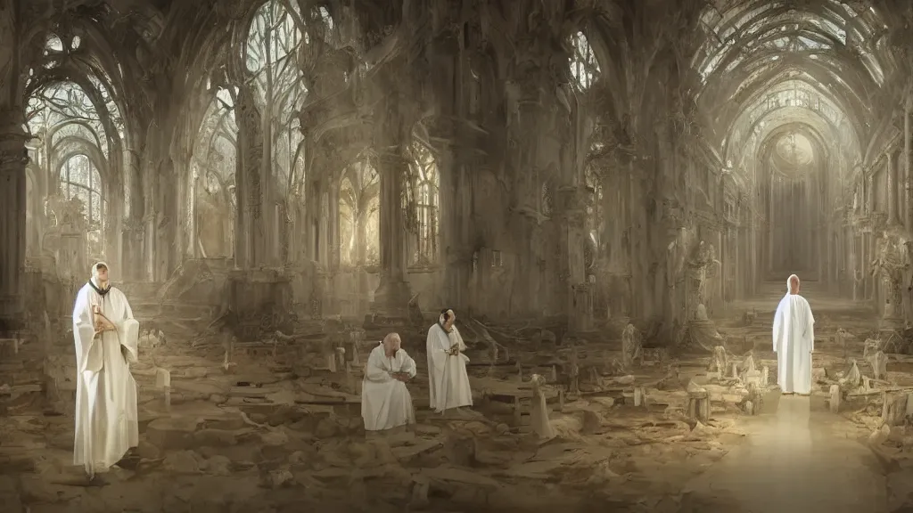 Prompt: a surreal dreamlike scene of robot priests in white robes standing in an abandoned sanctuary, sharp focus, extravagant matte painting, highly detailed oil painting, 8k, devastatingly beautiful atmosphere, elegant cinematic fantasy art, overwhelming depth and detail, soft colors, masterpiece