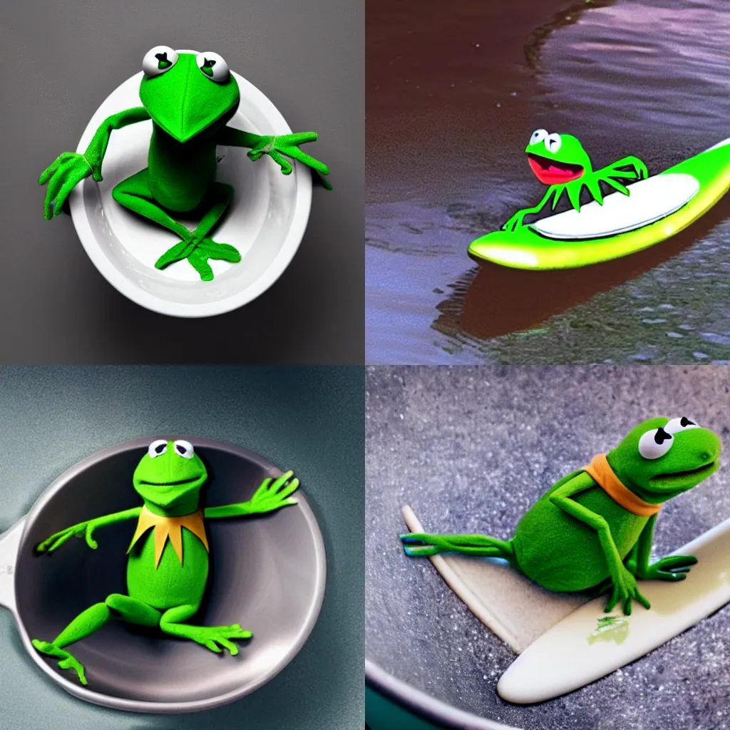 Prompt: Kermit the frog riding a surf board inside of a sink