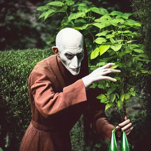 Image similar to portrait of nosferatu giving water to plants in the garden, realistic detailed photography, 5 0 mm lens