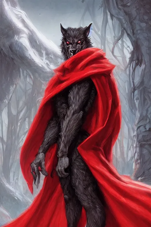 Prompt: werewolf in red cape and hood, d & d, fantasy, portrait, highly detailed, headshot, digital painting, trending on artstation, concept art, sharp focus, illustration, art by artgerm and greg rutkowski and magali villeneuve