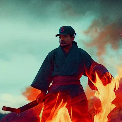 Image similar to cinematic film still of Chance The Rapper starring as a Samurai holding fire, Japanese CGI, VFX, 2022, 40mm lens, shallow depth of field, film photography