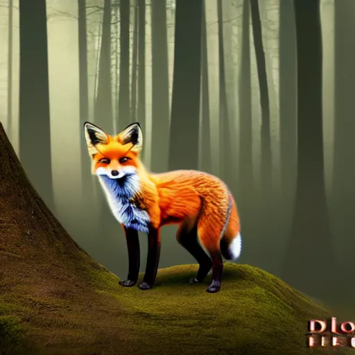 Image similar to photographic render of a fox with foxes on the background of the forest hyperrealistic 8k, very detailed