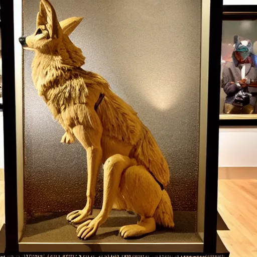 Prompt: a golden coyote, displayed in a museum