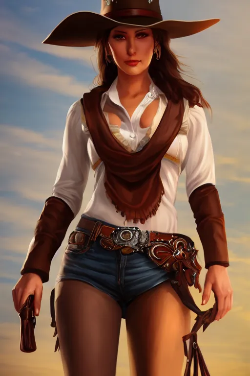 Image similar to full body, female cowgirl, perfect face, white blouse, 8 k, magic the gathering, desert, d & d, artstation, high detail, smooth, muscular