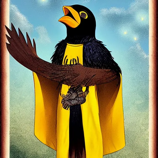 Prompt: A kenku raven wearing frayed yellow robes while worshipping a solar eclipse. Character art. D&D. No mans land.