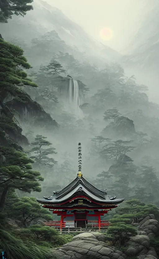 Image similar to japanese style shrine on top of a misty mountain overgrown, hyper realistic, lush gnarly plants, 8 k, denoised, by greg rutkowski, tom bagshaw, james gurney cinematic lighting