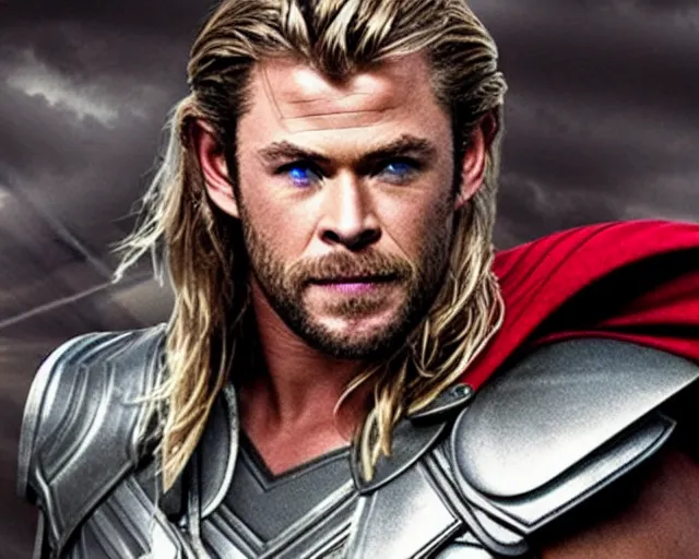 Image similar to chris hemsworth as thor with exaggerated drag queen makeup, cinematic shot, hyper detailed, cinematic