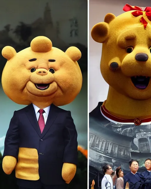 Image similar to president xi jinping as winnie the poo, prosthetics and animatronics designed by rick baker, highly detailed, photorealistic