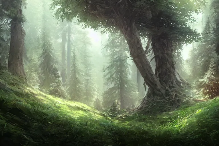 Image similar to evergreen trees in the forest, 4 k digital illustration by artgerm, wlop, andrei riabovitchev, marc simonetti, yoshitaka amano, artstation, 8 k resolution, soft focus