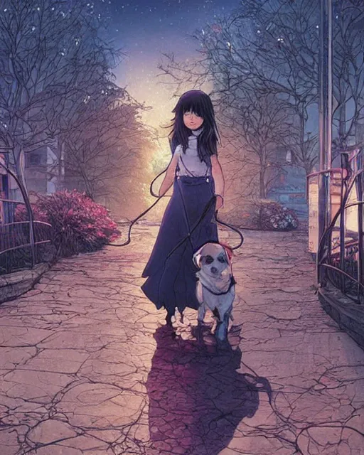 Image similar to a girl walking her small dog at the park, full shot, ambient lighting, detailed face, art by ayami kojima, makoto shinkai, kilian eng