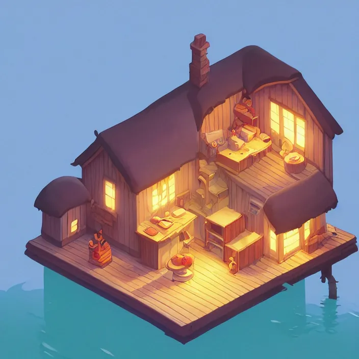 Image similar to isometric view of a cozy cottage in the middle of a lake, isometric design, cory loftis, james gilleard, atey ghailan, makoto shinkai, goro fujita, studio ghibli, exquisite lighting, clear focus, very coherent, soft painting