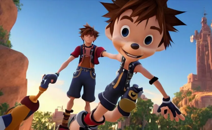 Prompt: Tom Holland as Sora in 'Kingdom Hearts: Fate of Light' (2017), movie still frame, oscar nominated cinematography, volumetric lighting, 8k resolution