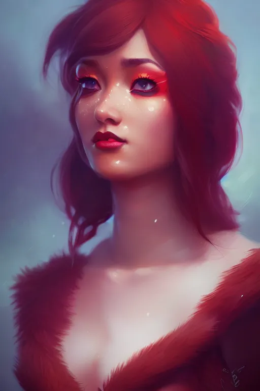 Image similar to a detailed portrait of a beautiful woman with ( red panda ) features, in professional makeup, dramatic lighting, by lois van baarle, ross tran, greg rutkowski, 4 k, trending on artstation