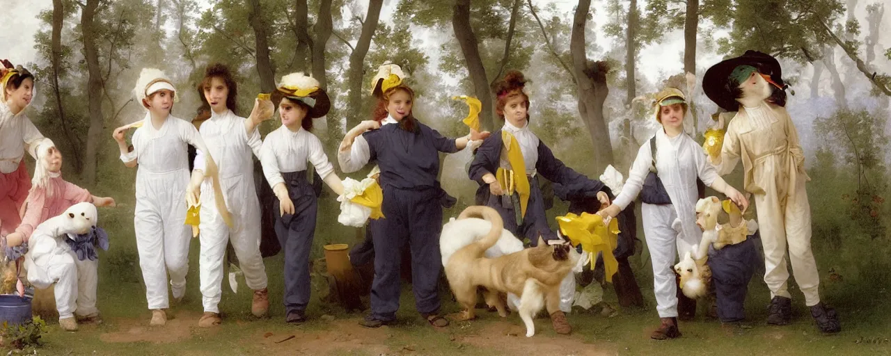 Prompt: A character sheet of full body cute magical ferrets wearing an oversized set of white overalls stained in colorful paints, Short Puffy pants made of cotton, work boots, cat toy accessories all over. Flowing fabric. Golden Ribbon. Covered in stars. Fancy hats. Fluffy Hair. Art by Johannes Helgeson and william-adolphe bouguereau and Paul Delaroche and Alexandre Cabanel and Lawrence Alma-Tadema and WLOP and Artgerm. Fashion Photography. Decora Fashion. harajuku street fashion. Kawaii Design. Intricate, elegant, Highly Detailed. Smooth, Sharp Focus, Illustration Photo real. realistic. Hyper Realistic. Sunlit. Moonlight. Dreamlike. Fantasy Concept Art. Surrounded by clouds. 4K. UHD. Denoise. Stolen Prompt