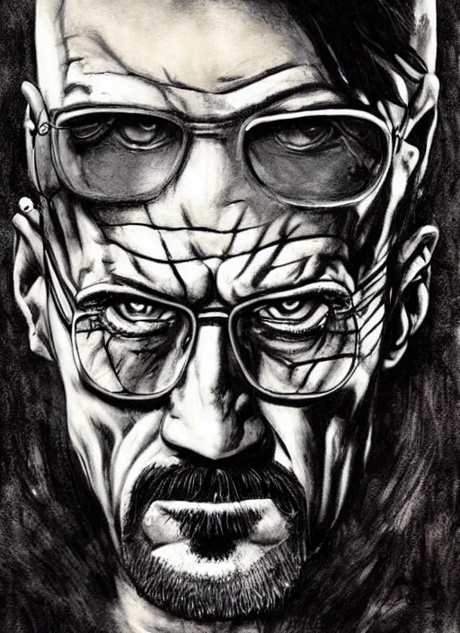 Image similar to portrait of walter white as conan the barbarian by frank frazetta and harumi hironaka