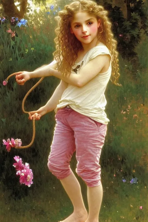 Prompt: a seven - year old girl with long curly dirty blonde hair, blue eyes, tan skin, a pink tee shirt, shorts, playing with a fox, painting by daniel gerhartz, alphonse mucha, bouguereau, detailed art, artstation