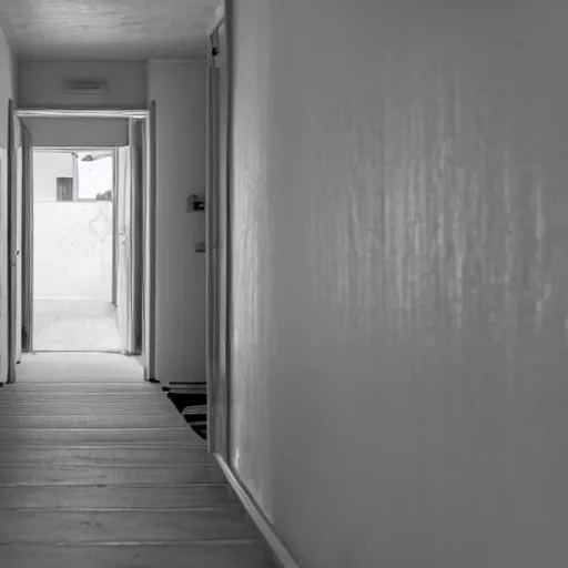 Image similar to very long hallway in a house, very creepy, dim lights, door at the end