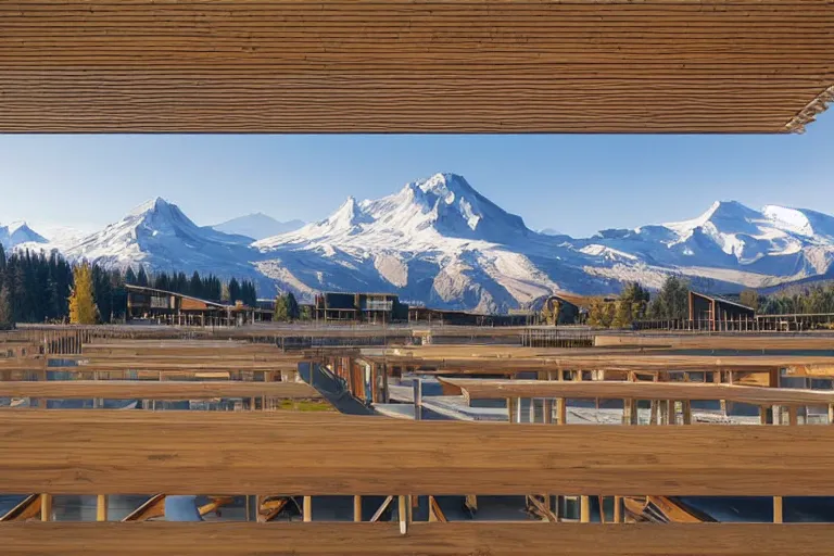 Prompt: architecture photo modern fachwerk wooden school with Elbrus mountain on the background, architecture, photorealism 8k , shining and happy atmosphere, uplight, high details