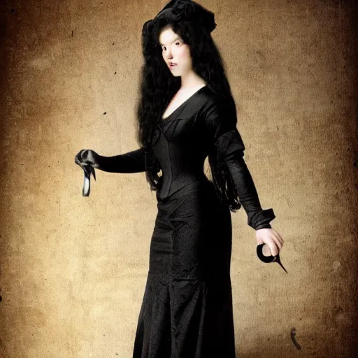 Image similar to a beautiful young woman, pale skin, black long hair, aristocrat, black expensive dress from 1 8 6 0, digital art, studio photo, realistic, artstation, high quality, wild west