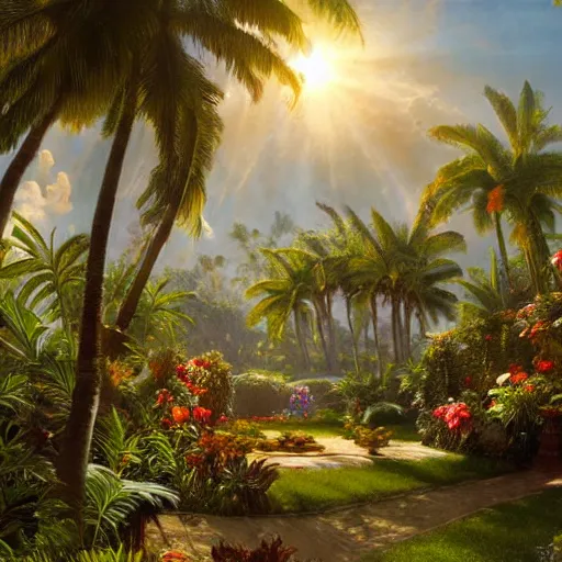 Prompt: a highly detailed matte painting of a garden hedge with tropical flowers, large palm trees, epic fantasy, god rays, ultrawide lens, aerial photography, unreal engine, exquisite detail, 8 k, art by albert bierstadt and alphonse mucha