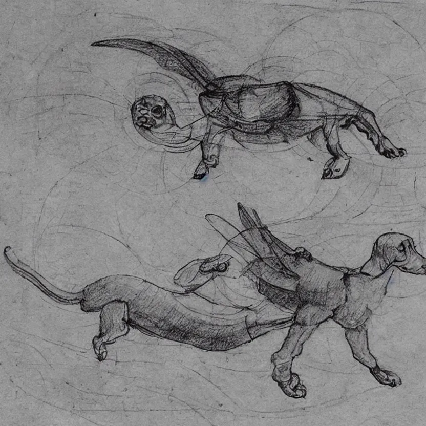 Image similar to leonardo da vinci sketch of a mechanical flying dachshund