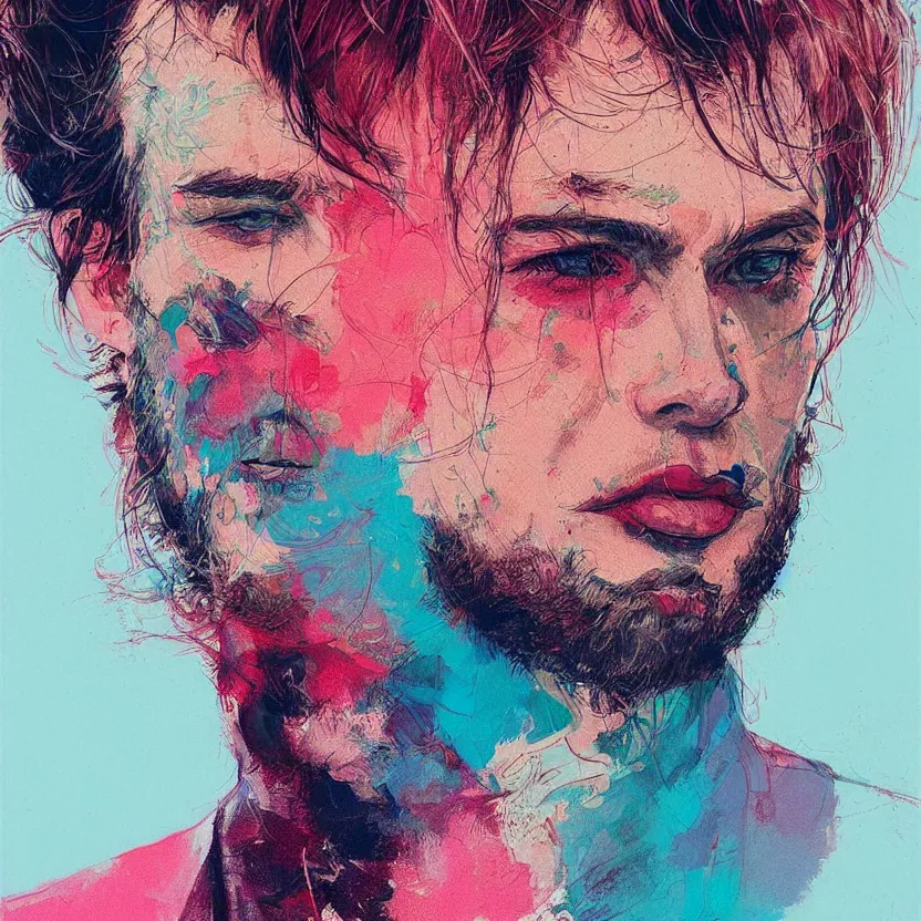 Image similar to close up portrait painting of a male musician in nineties street styling, concept art, intricate details, aesthetically pleasing pastel colors, art by conrad roset, impressionism, portrait