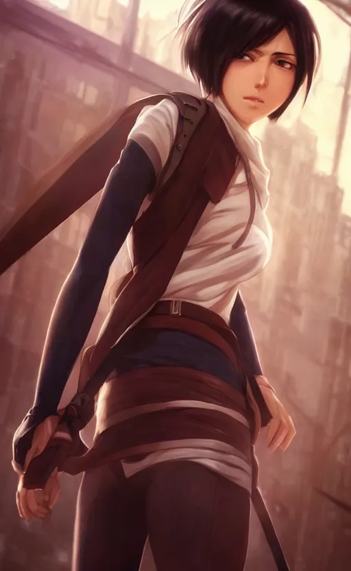 Image similar to mikasa ackerman, hero pose, medium shot, bokeh, beautiful face!!!!, 2 7 years old, cg animation, lifelike, animated, realistic, character select portrait, by artgerm, greg rutkowski, alphonse mucha, 3 d