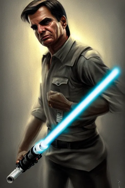 Image similar to breathtaking detailed concept art painting of jair messias bolsonaro holding a lightsaber, by hsiao - ron cheng, exquisite detail, extremely moody lighting, 8 k