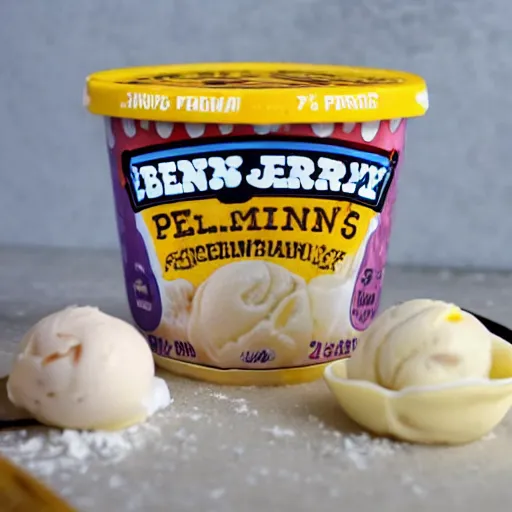 Prompt: ben and jerry's pelmeni flavoured ice cream, pelmeni written on the front