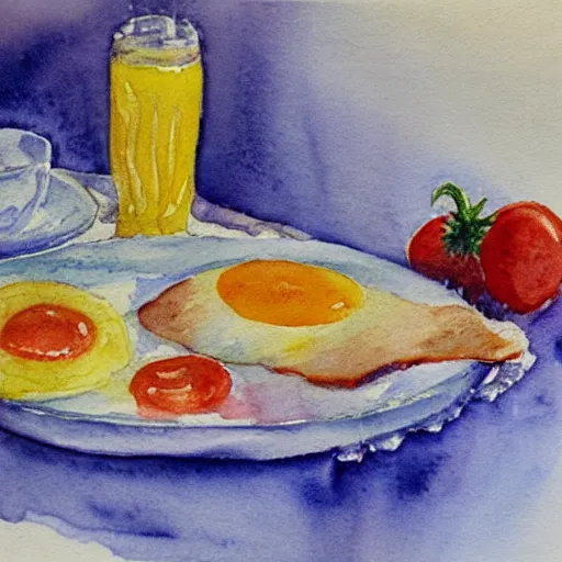 Prompt: impressionism watercolor painting of a large breakfast