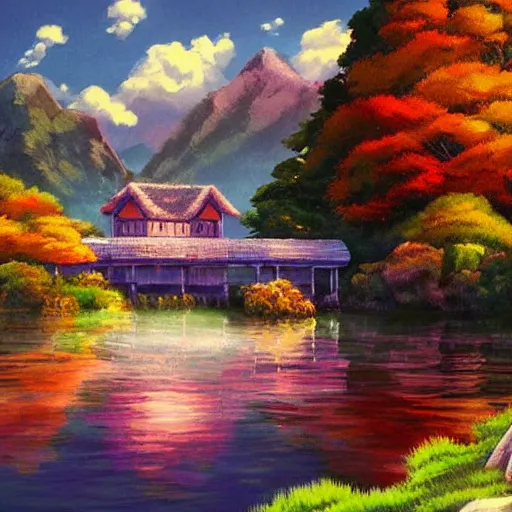 Image similar to a beautiful lake, fantasy art, 2 d, sunshine, warm colors, relaxing, calm, cozy, peaceful, by studio ghibli