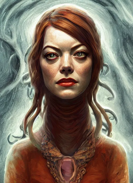 Image similar to lovecraft lovecraftian portrait of emma stone, cthulhu, hyper detailed, digital art, trending in artstation, cinematic lighting, studio quality, smooth render, unreal engine 5 rendered, octane rendered, art style by klimt and nixeu and ian sprigger and wlop and krenz cushart.