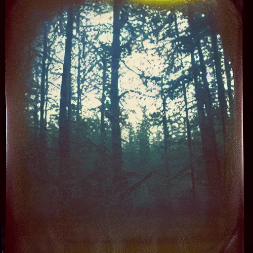 Image similar to a ufo flying over a forest at night, ufo!!!, old polaroid,