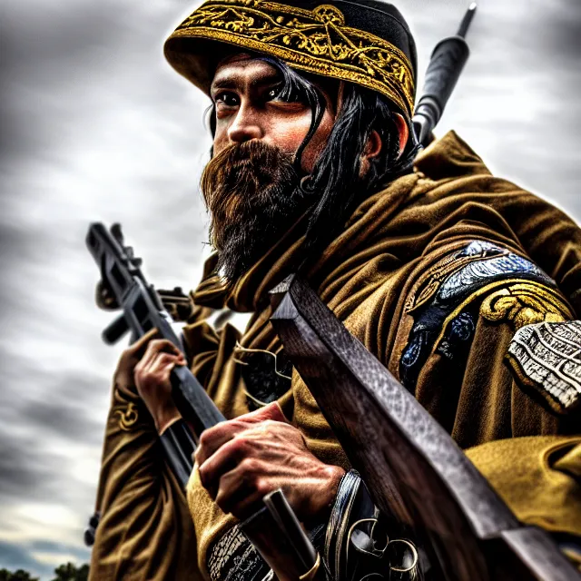 Image similar to photo of a ranger warrior with ornate robes, 8 k, hdr, smooth, sharp focus, high resolution, award - winning photo
