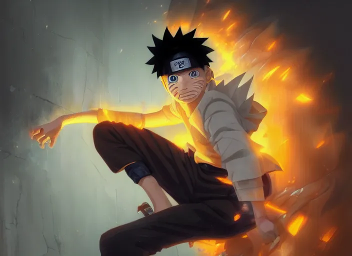 Image similar to highly detailed portrait of naruto uzumaki with black hair, punching a wall in a prison cell, art by greg rutkowski, loish, rhads, ferdinand knab, makoto shinkai and lois van baarle, ilya kuvshinov, rossdraws, tom bagshaw, global illumination, radiant light, detailed and intricate environment