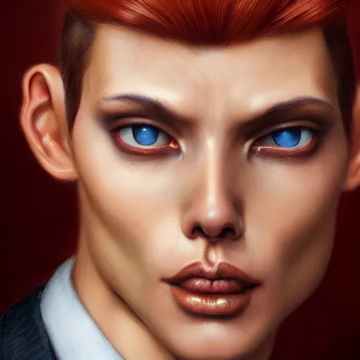 Image similar to portrait of a beautiful nonbinary model with tan skin and messy short red hair wearing a men's suit, pointed ears and copper eyes, cat-like, by Gerald Brom and Ross Tran, hyper-realistic, soft lighting, 4K, trending on artstation