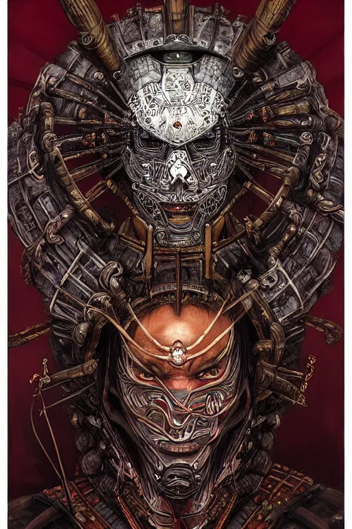 Image similar to digital face portrait painting of a male samurai warrior magus by yoshitaka amano, victo ngai, terese nielsen, samurai armour by h. r. giger, in the style of dark - fantasy, intricate detail, skull motifs, red, bronze, artgerm