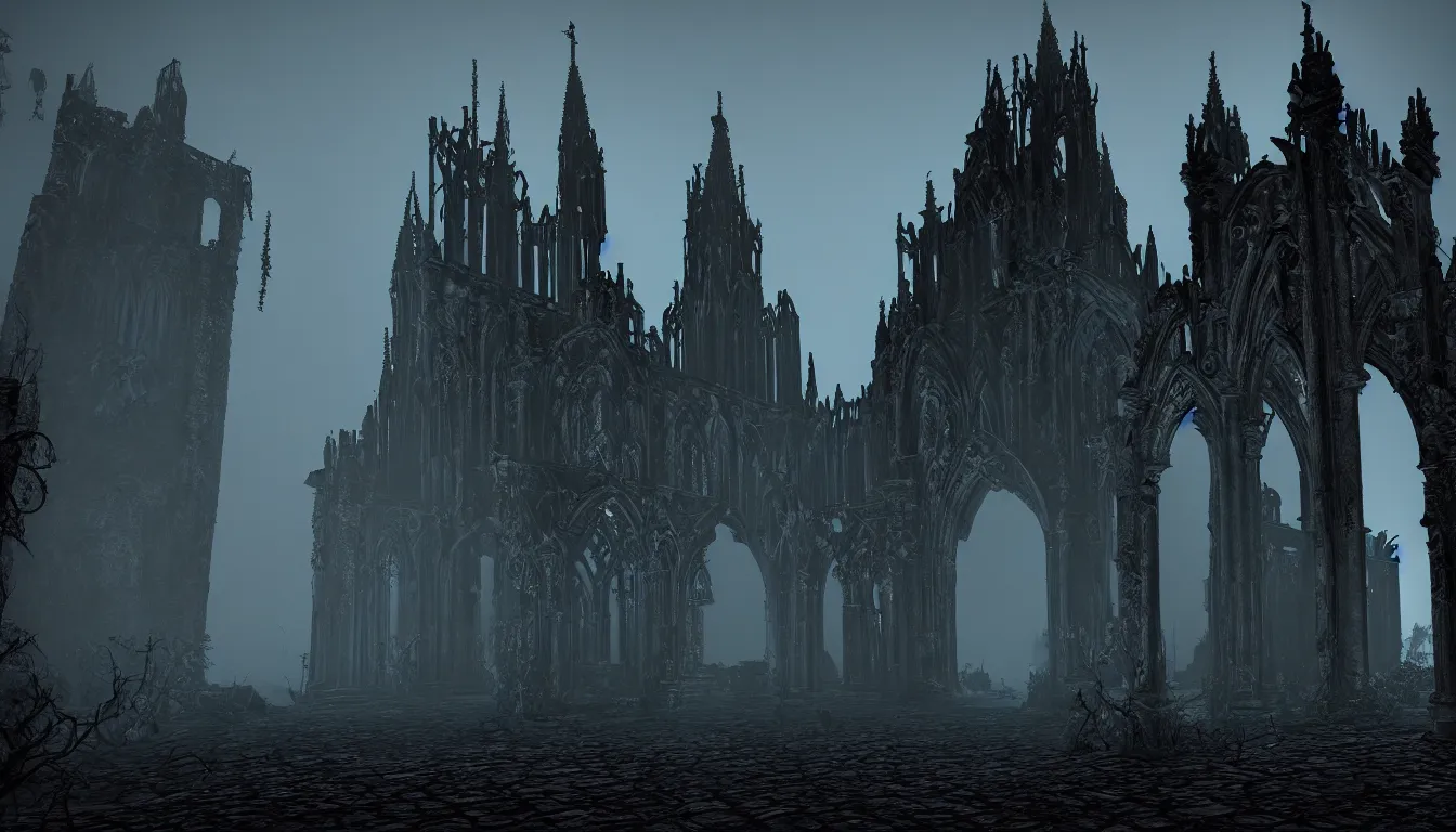Image similar to dark gothic cathedral realm of darkness, side - scrolling 2 d platformer game level, sinister fog through the pillars, ancient temple ruins, dramatic midnight sun illuminates areas, volumetric light, detailed entangled bodies on walls, bleak decaying color, upscale, 8 k