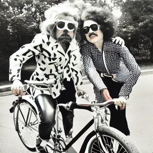 Prompt: Moustache, 40th birthday, 70s disco, jumpsuits, bicycle, Egypt in the style of Roy Lichtenstein
