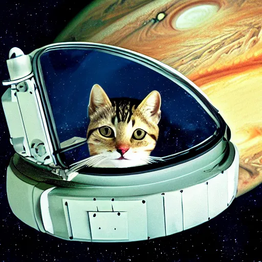 Image similar to cat with astronaut helmet flying over the jupiter, photo